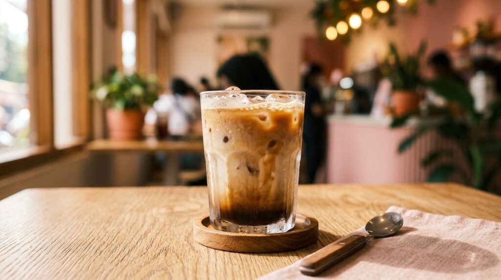 Segelas kopi susu kekinian dengan es batu di meja