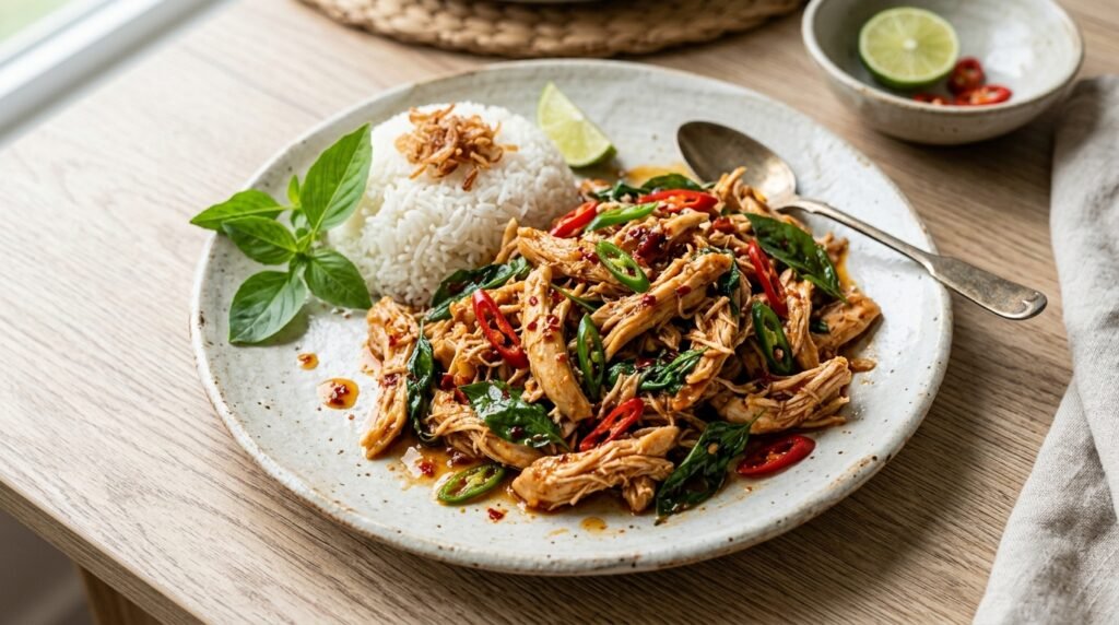 Ayam suwir kemangi pedas manis di piring saji