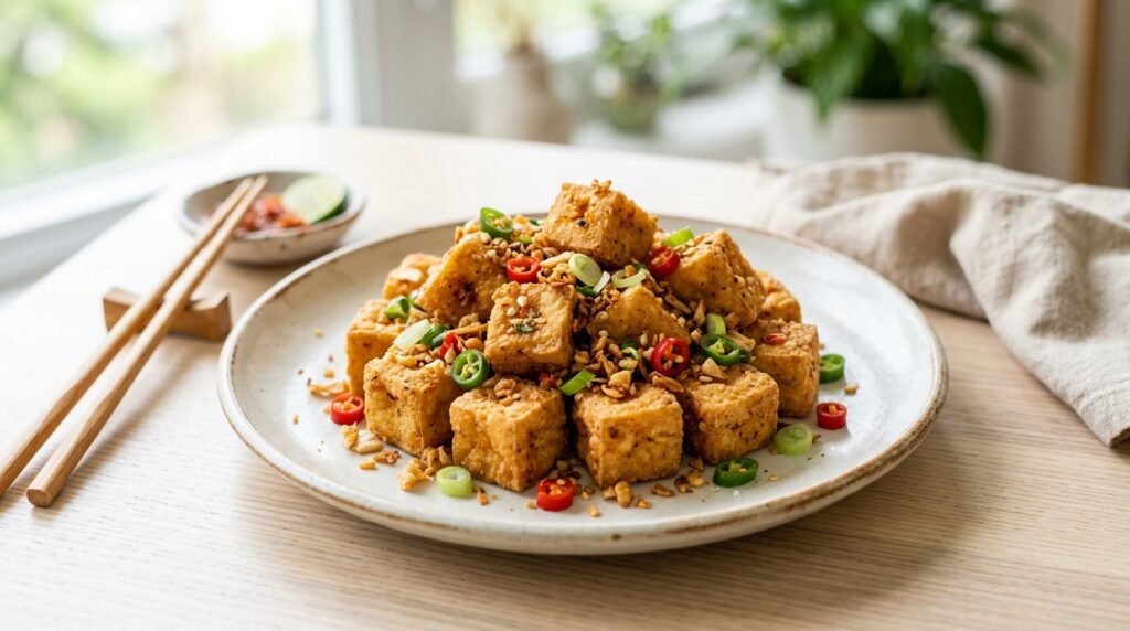 Tahu cabe garam renyah dengan taburan bawang putih dan cabai